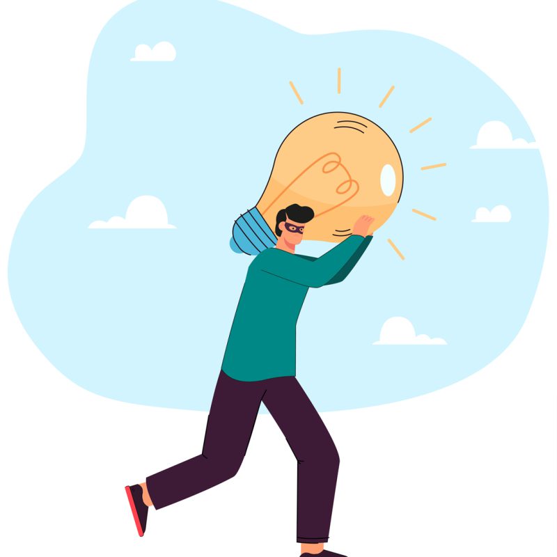 Thief stealing creative idea or product. Tiny man carrying bright light bulb flat vector illustration. Intellectual property, plagiarism concept for banner, website design or landing web page